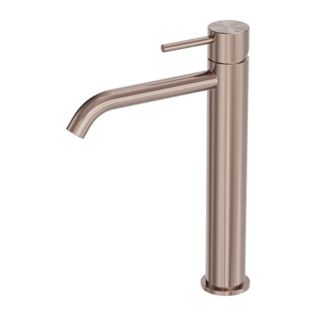 Nero Zen tall basin mixer in brushed bronze, with cylindrical body and curved spout, shown on white background