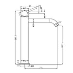Nero Zen tall basin mixer technical drawing in brushed gold, showing side view dimensions and spout height 207.1mm