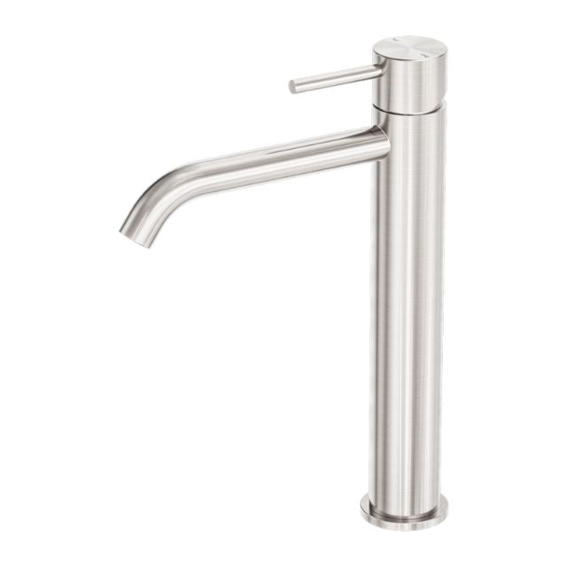 Nero Zen tall basin mixer in brushed nickel, with cylindrical stainless steel body and curved spout