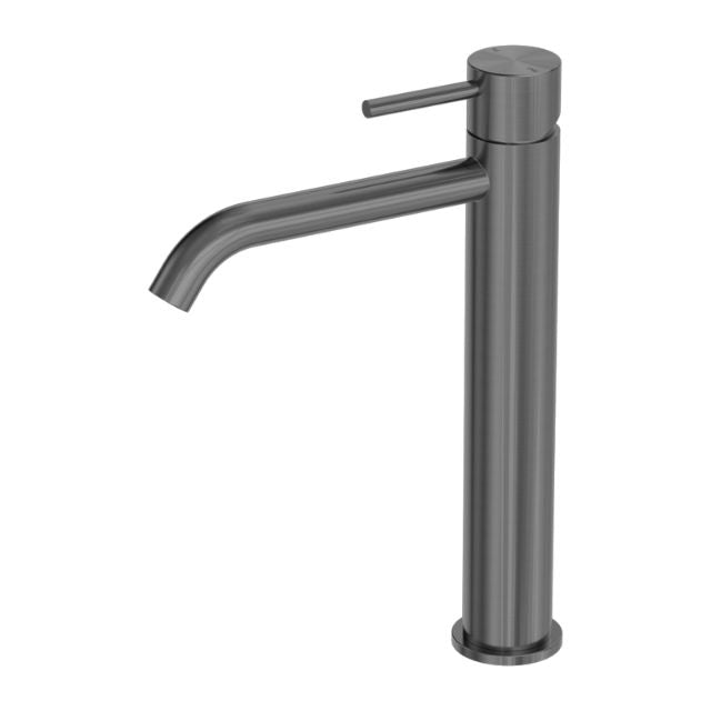 Nero Zen tall basin mixer in graphite, with cylindrical body and curved spout, shown on white background