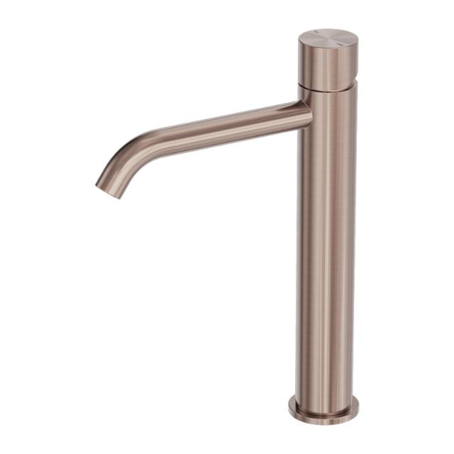 Nero Zen tall handless basin mixer in brushed bronze, shown on white background with curved spout and cylindrical body