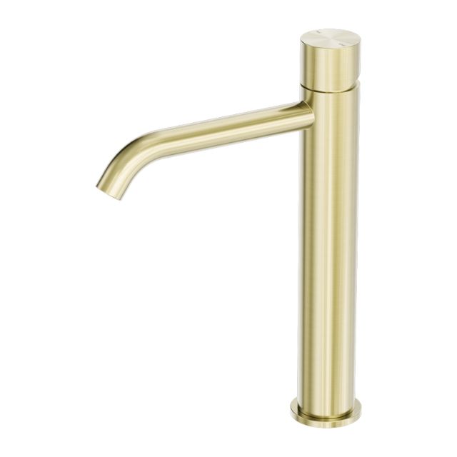 Nero Zen tall basin mixer in brushed gold, handless cylindrical tap with curved spout, front view on white background