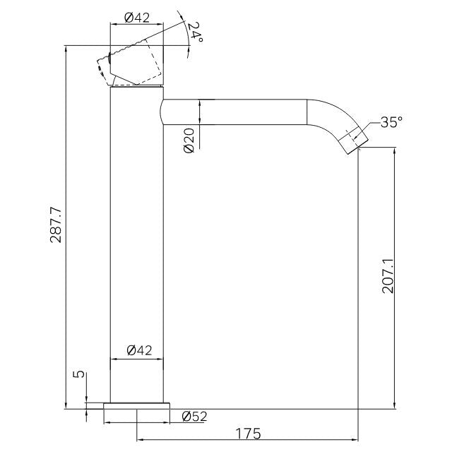 Technical drawing of Nero Zen tall basin mixer tap in graphite, showing dimensions, heights and spout reach in side view