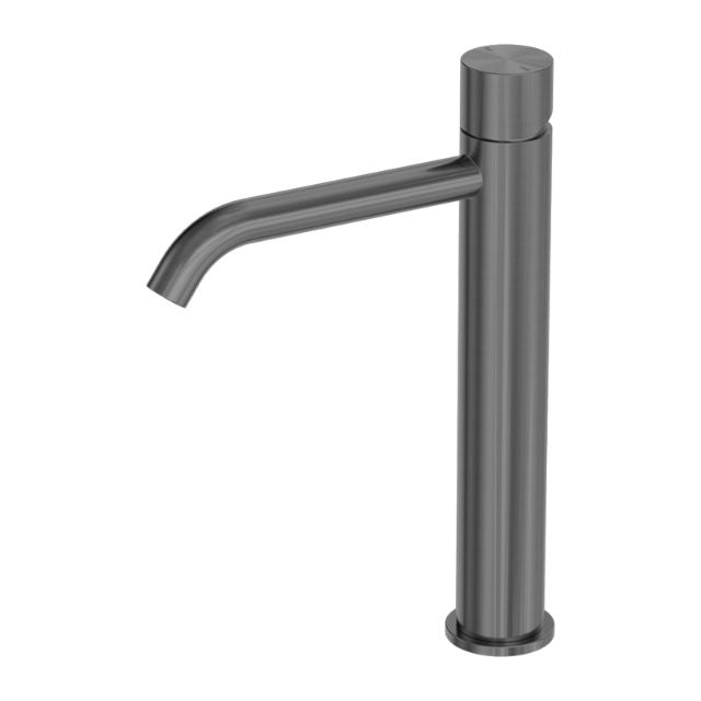 Nero Zen tall handless basin mixer in graphite, with cylindrical body and curved spout, side view
