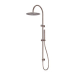 Nero Zen twin rail shower in brushed bronze, with overhead rose and handheld on rail