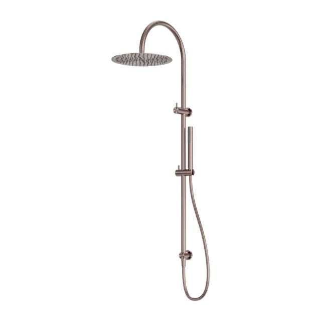 Nero Zen twin rail shower in brushed bronze, with overhead rose and handheld on rail