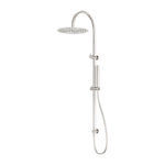 Nero Zen twin rail shower in brushed nickel with overhead drencher and hand shower, wall-mounted