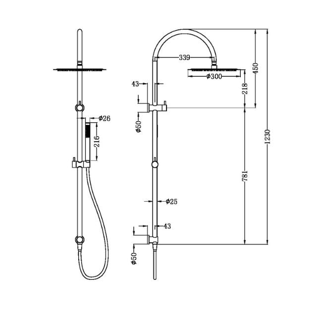 Technical drawing of Nero Zen twin rail shower in graphite, showing wall-mounted overhead and hand shower dimensions