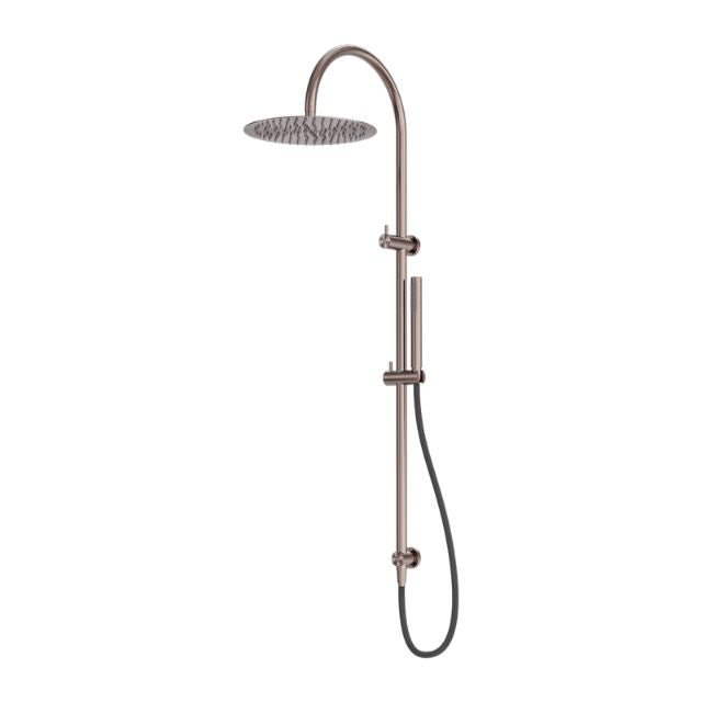 Nero Zen twin rail shower in brushed bronze with overhead round showerhead and handheld hose on wall rail