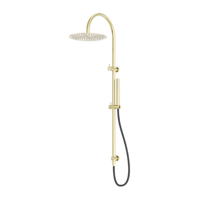 Nero Zen brushed gold twin rail shower with overhead rose and hand shower hose, wall mounted outdoor style