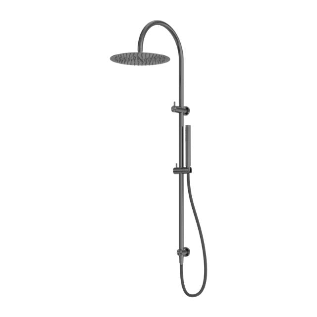 Nero Zen twin shower in graphite, with overhead shower, hand shower and hose on a slim wall-mounted rail.