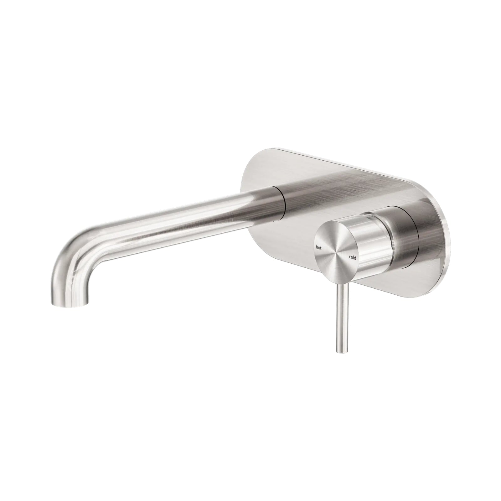 Nero Zen wall basin/bath mixer in brushed nickel with 185mm spout and round wall plate, front view