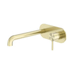 Nero Zen wall basin/bath mixer with 230mm spout in brushed gold, wall-mounted tap with slim round handle