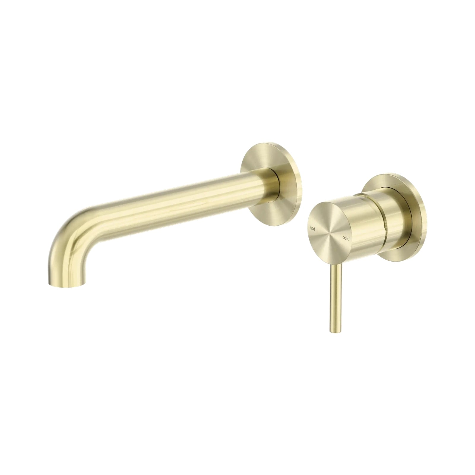 Nero Zen brushed gold wall basin/bath mixer with 185mm spout and separate back plate, modern round wall tap set