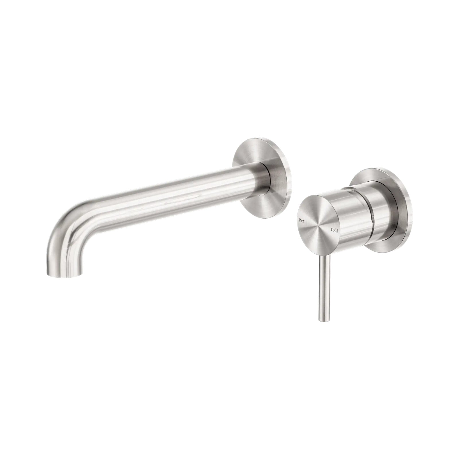 Nero Zen brushed nickel wall basin mixer with 185mm curved spout and separate round back plate