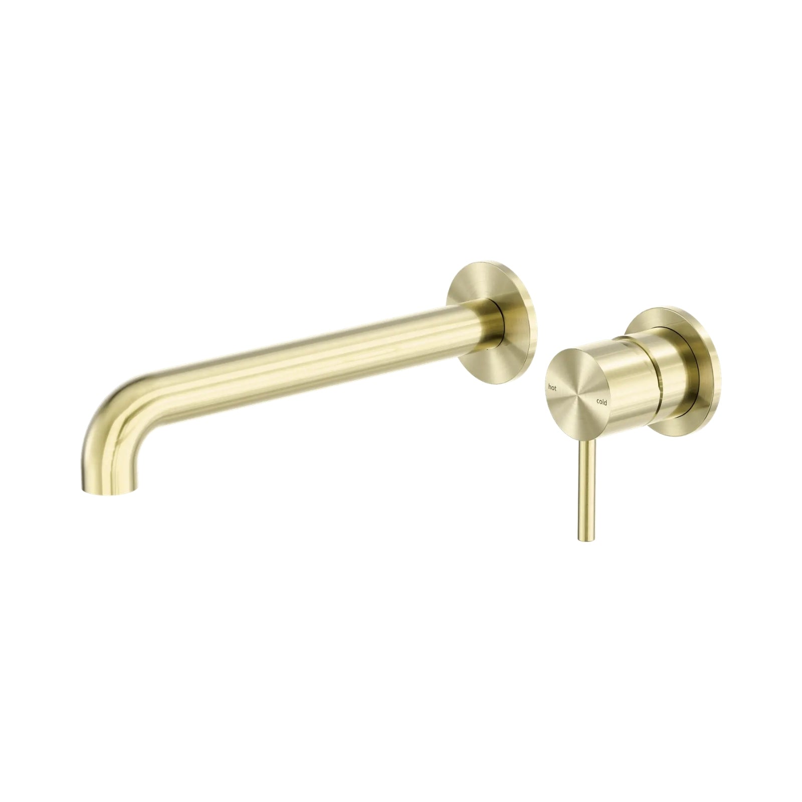 Nero Zen wall basin/bath mixer set in brushed gold with 230mm curved spout and separate back plate, wall mounted, side view