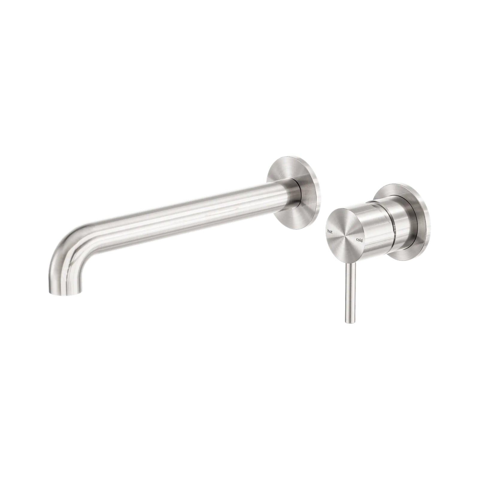 Nero Zen brushed nickel wall basin mixer set with 230mm spout and separate round back plate, side view