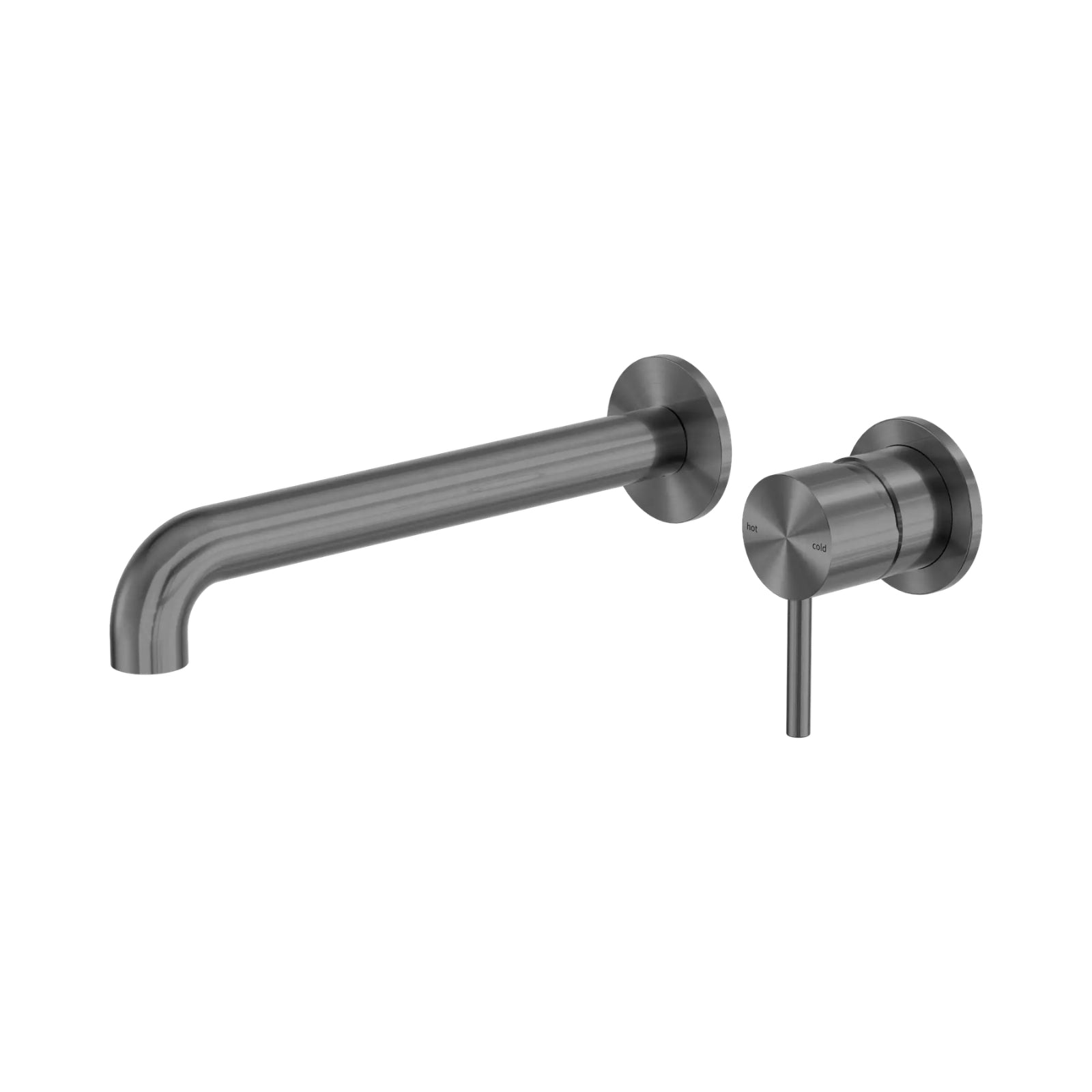 Nero Zen wall basin/bath mixer in graphite, with separate round back plate and 230mm spout, side view on white background