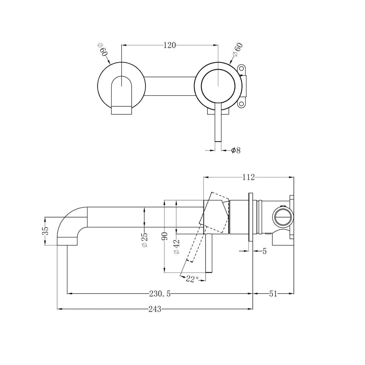 Technical drawing of Nero Zen wall basin/bath mixer, separate back plate and 230mm spout, with dimensions shown