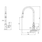 Phoenix Nostalgia pull out sink mixer technical drawing, chrome and white, with side and front dimensions shown