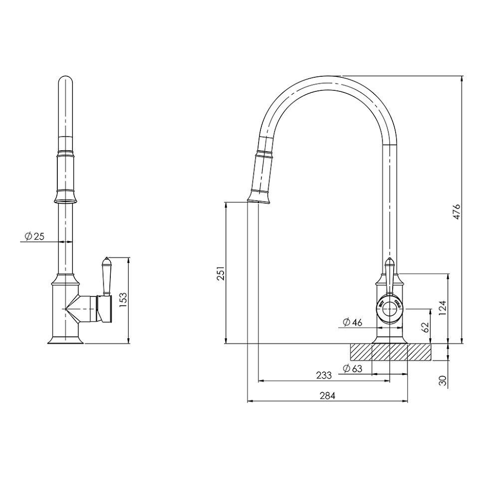 Phoenix Nostalgia pull out sink mixer technical drawing, chrome and white, with side and front dimensions shown