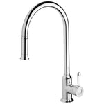 Phoenix Nostalgia pull out sink mixer in chrome with white handle, tall curved spout, side lever tap on white background