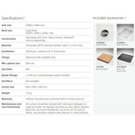 Oliveri Spectra gunmetal stainless steel single bowl kitchen sink with specs and included accessories table