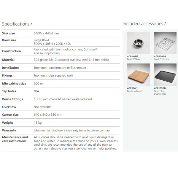 Oliveri Spectra gunmetal stainless steel single bowl kitchen sink with specs and included accessories table