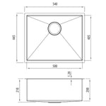 Oliveri Spectra single bowl stainless steel sink technical drawing, gunmetal finish, top and side dimensions shown, 540 x 445 x 210mm