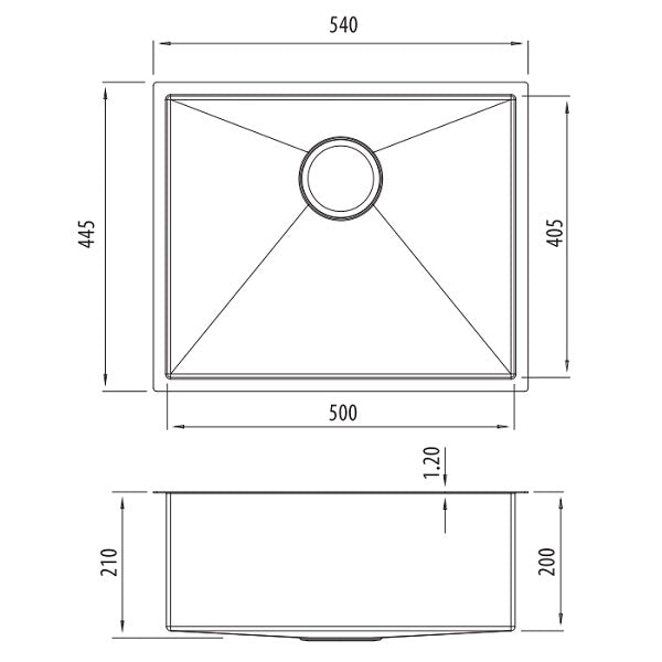 Oliveri Spectra single bowl stainless steel sink technical drawing, gunmetal finish, top and side dimensions shown, 540 x 445 x 210mm