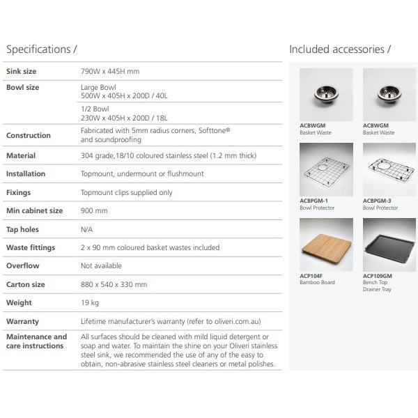 Oliveri Spectra 1&1/2 bowl gunmetal stainless steel kitchen sink with included accessories and specifications sheet view