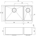 Technical drawing of Oliveri Spectra 1 & 1/2 bowl kitchen sink, top and side views with dimensions in mm