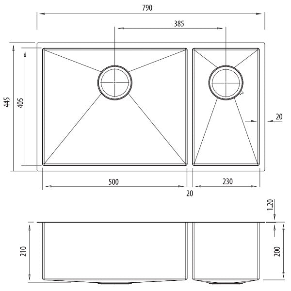 Technical drawing of Oliveri Spectra 1 & 1/2 bowl kitchen sink, top and side views with dimensions in mm
