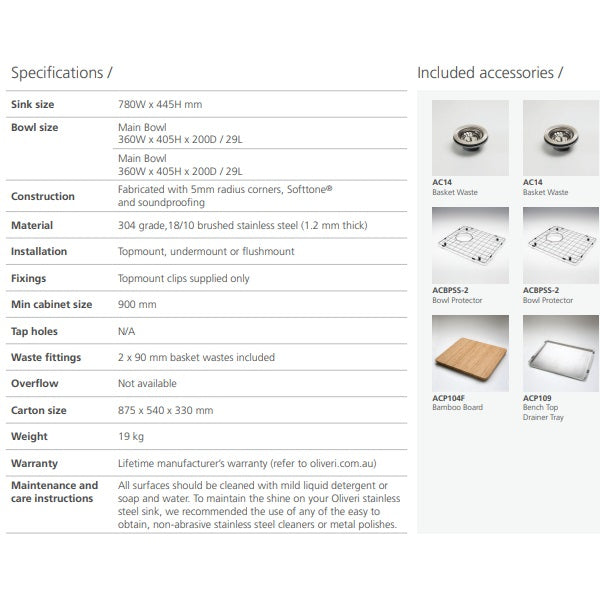 Oliveri Spectra double bowl stainless steel kitchen sink specifications and included accessories panel in a technical layout