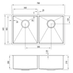 Oliveri Spectra double bowl stainless steel kitchen sink technical drawing with dimensions and top and side views