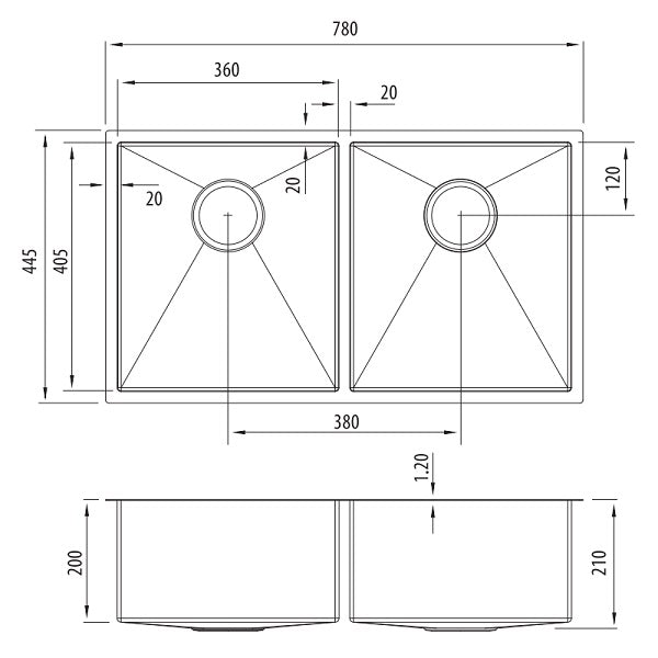 Oliveri Spectra double bowl stainless steel kitchen sink technical drawing with dimensions and top and side views