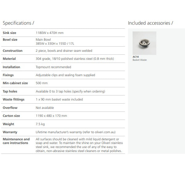 Oliveri Ultraform stainless steel topmount kitchen sink with single bowl and double drainer, specifications sheet and basket waste inset