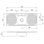 Oliveri Ultraform single bowl topmount stainless steel sink with double drainer, dimensioned top and side views