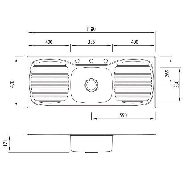 Oliveri Ultraform single bowl topmount stainless steel sink with double drainer, dimensioned top and side views