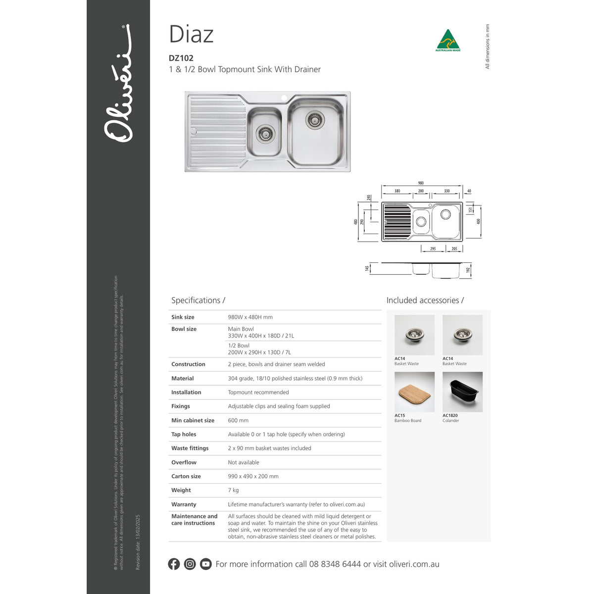 Oliveri Diaz 1 & 1/2 Bowl Sink With Drainer Left Hand Drainer