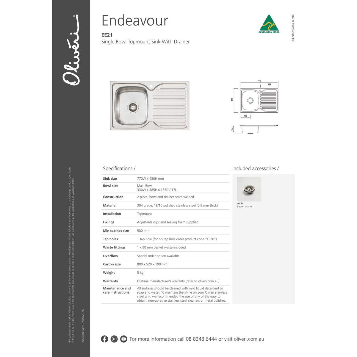 Oliveri Endeavour Single Bowl Sink With Drainer Right Hand Drainer
