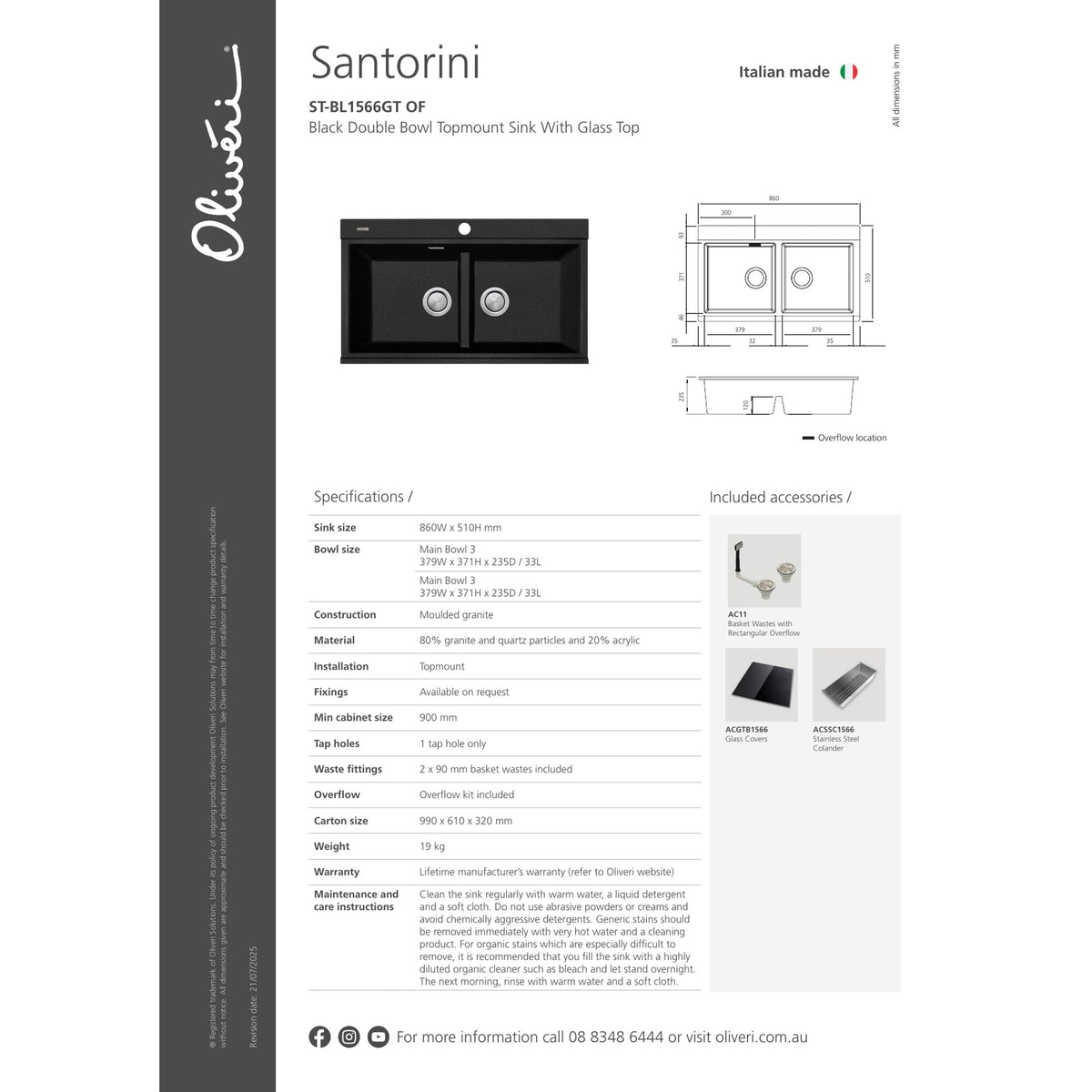 Oliveri Santorini Black Double Bowl Topmount Sink With Glass Top Black Granite