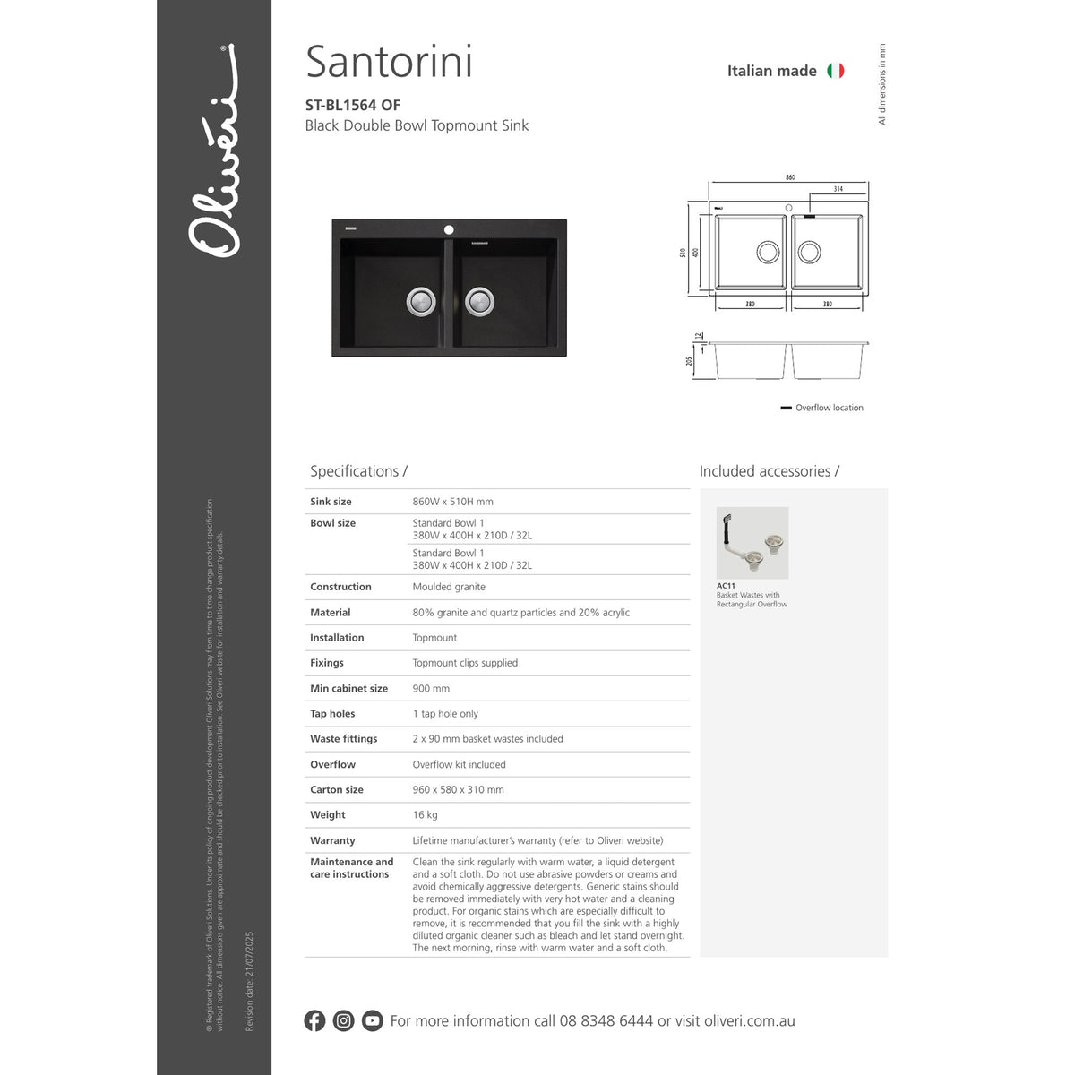 Oliveri Santorini Double Bowl Topmount Sink Black Granite