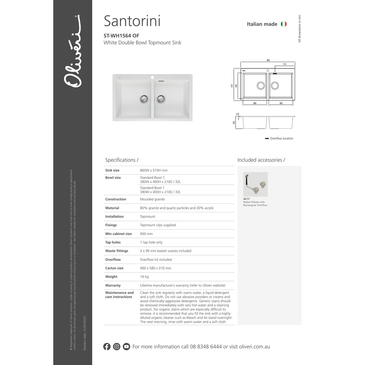 Oliveri Santorini Double Bowl Topmount Sink White Granite