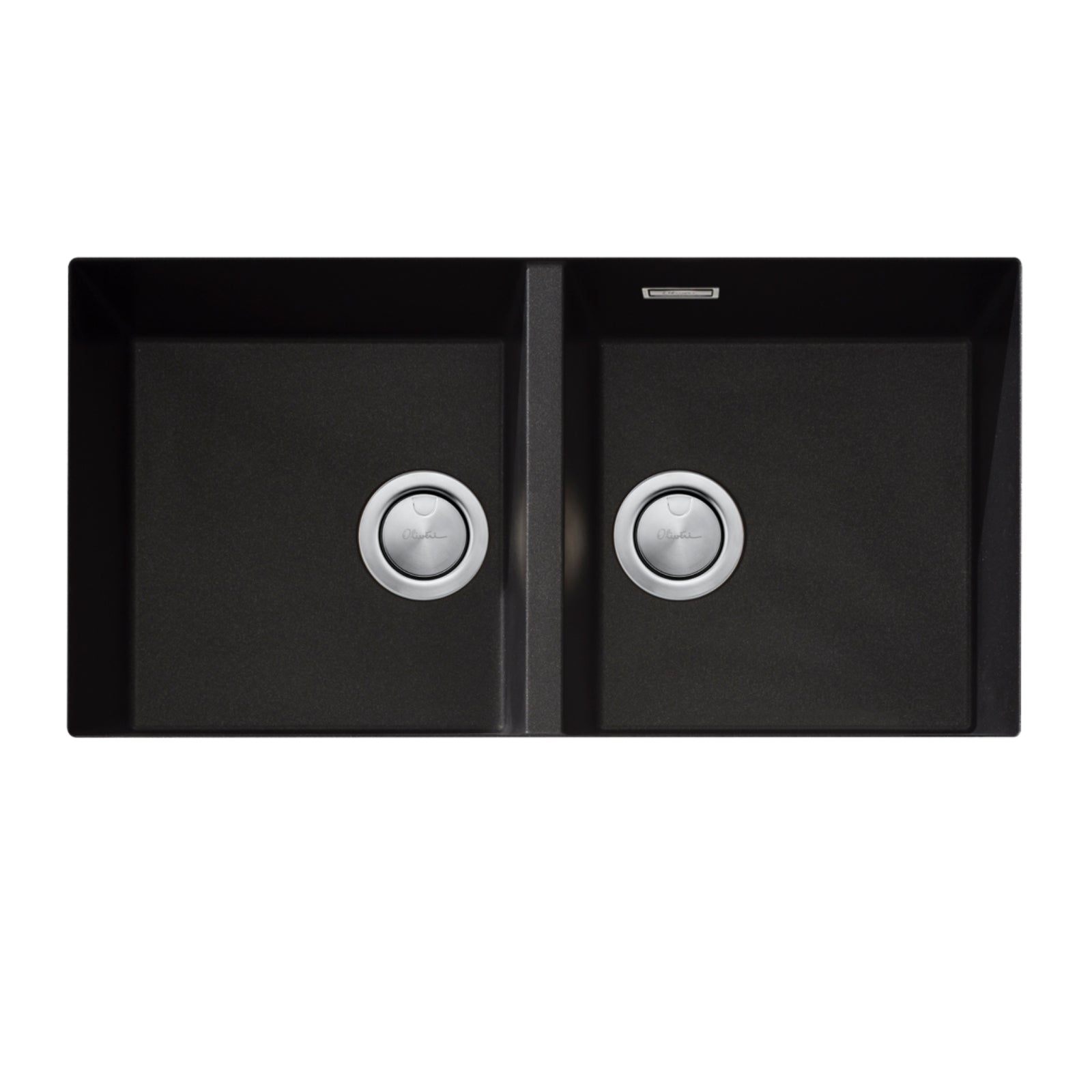 Oliveri Santorini black double bowl undermount kitchen sink with overflow, front view