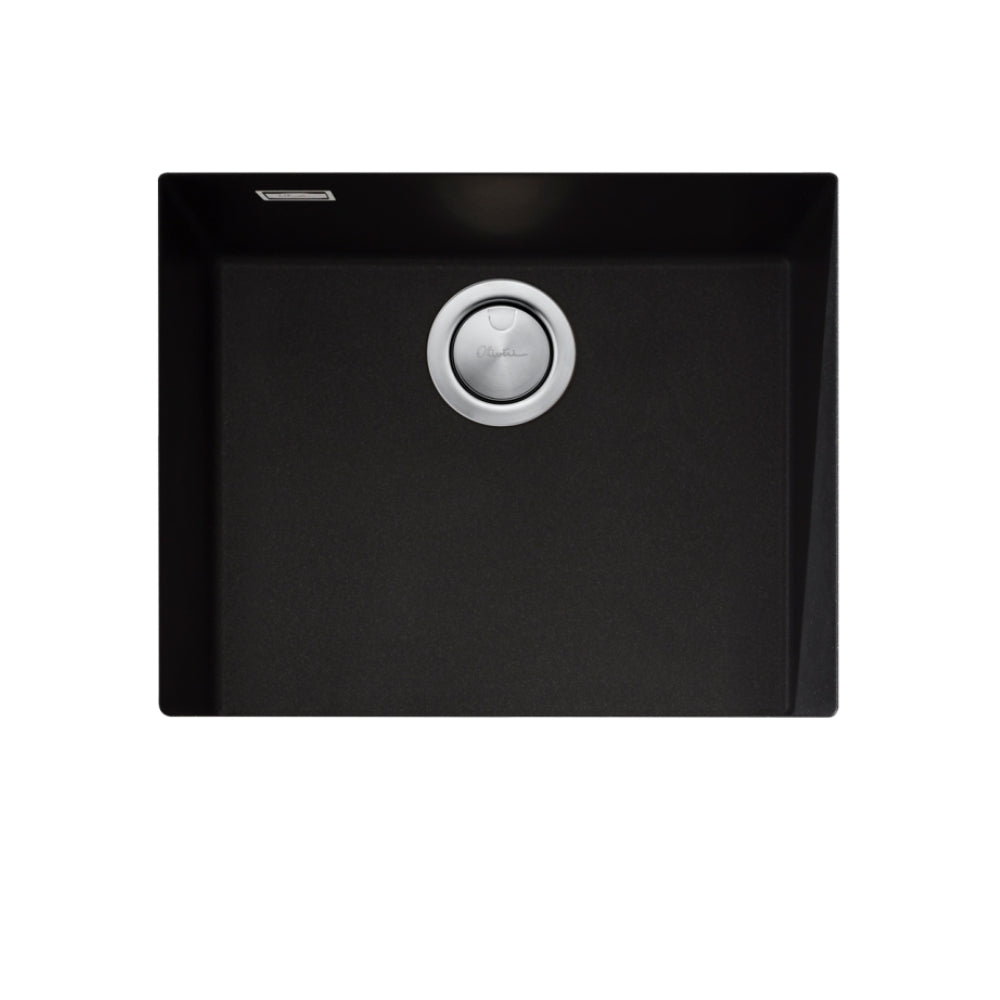 Oliveri Santorini black undermount kitchen sink, single bowl with overflow, top view