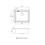 Oliveri Santorini large single bowl undermount sink dimension drawing, black, 560 x 435mm, with overflow location