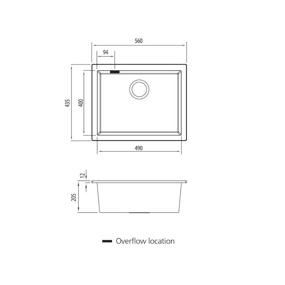 Oliveri Santorini large single bowl undermount sink dimension drawing, black, 560 x 435mm, with overflow location