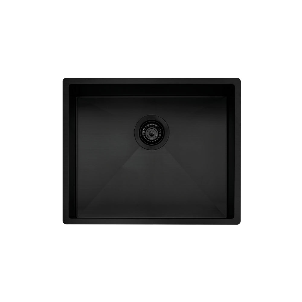 Oliveri Spectra black single bowl kitchen sink with deep square bowl and centre waste, front view