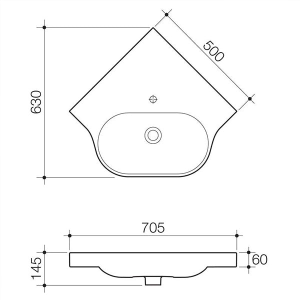 Caroma Opal Sole corner wall basin technical drawing, white oval wall-hung basin with dimensions and 1 tap hole